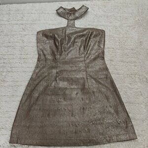 VTG Metallic Mini Dress Unyx Women L Damask Iconic Taupe Y2K Halter Collar Party